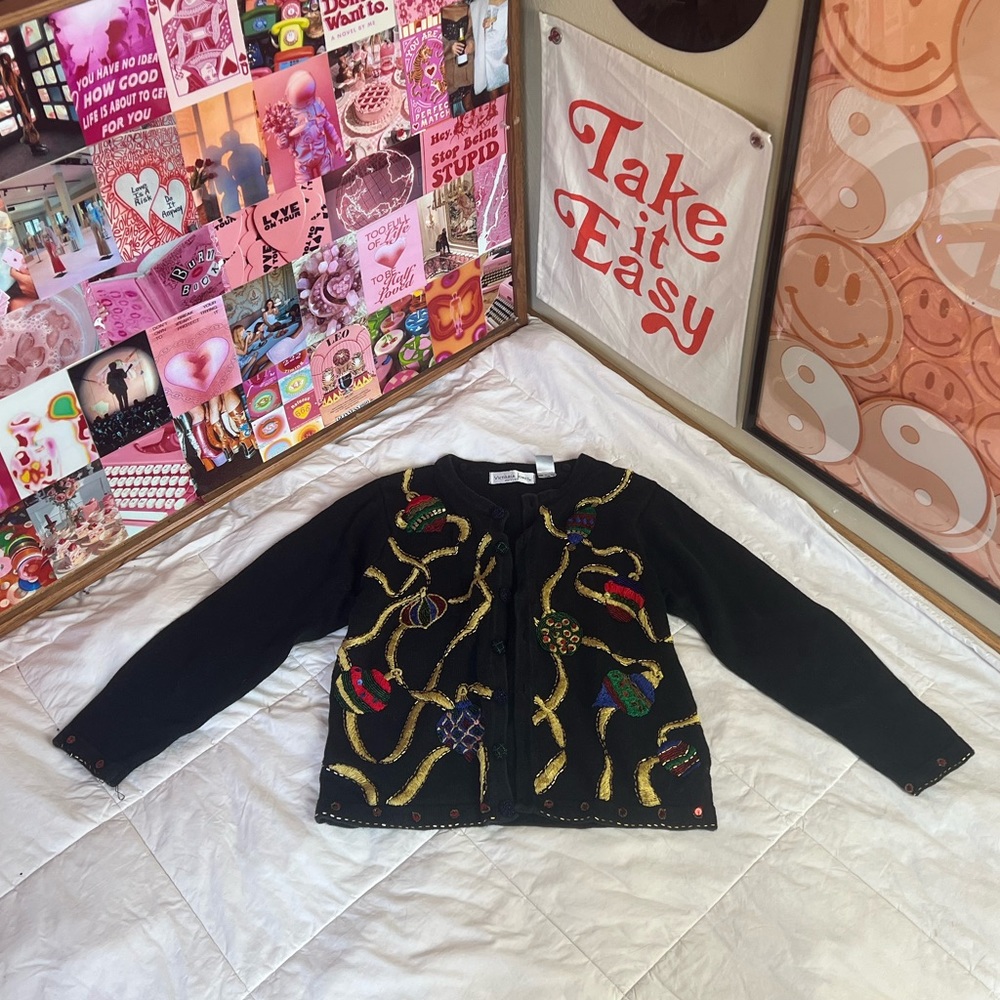 Vintage Holiday Ornament Cardigan Tacky Christmas Sweater